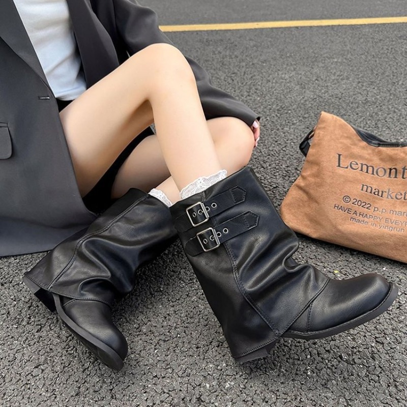 Embroidery Garments - Women Double Buckle Slouch Mid Calf